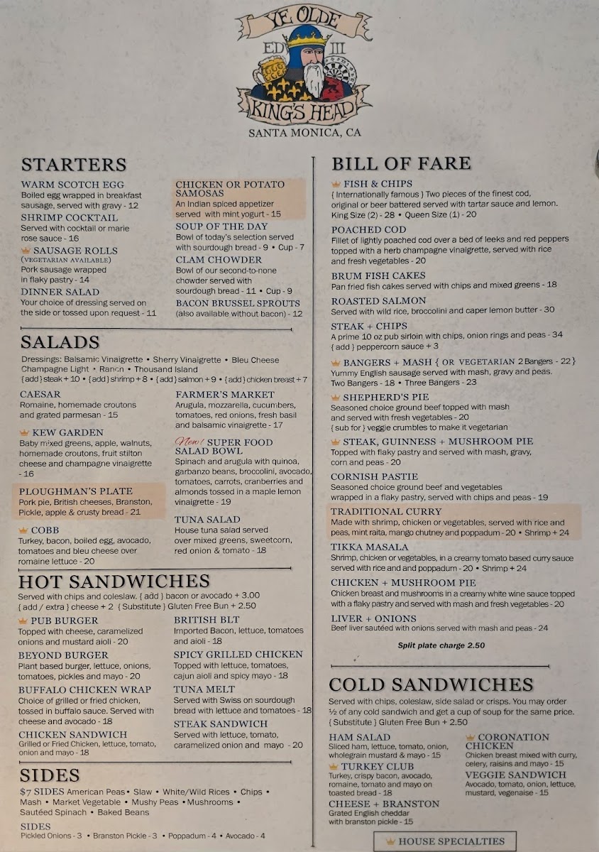 Ye Olde King's Head Menu - Image 1