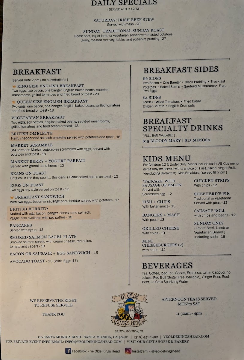 Ye Olde King's Head Menu - Image 3